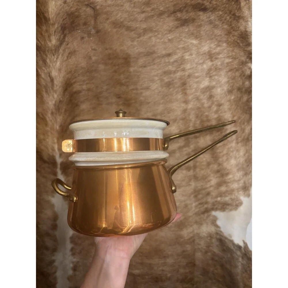 Vintage Taurus Portugal Copper Double Boiler Sauce Pan Pot Brass Handles Lid